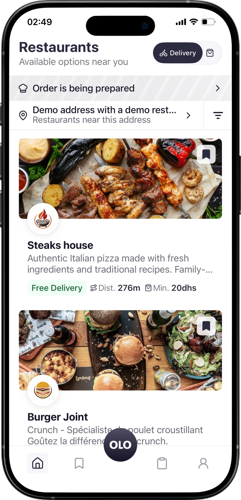 OlO app home screen showing nearby restaurants